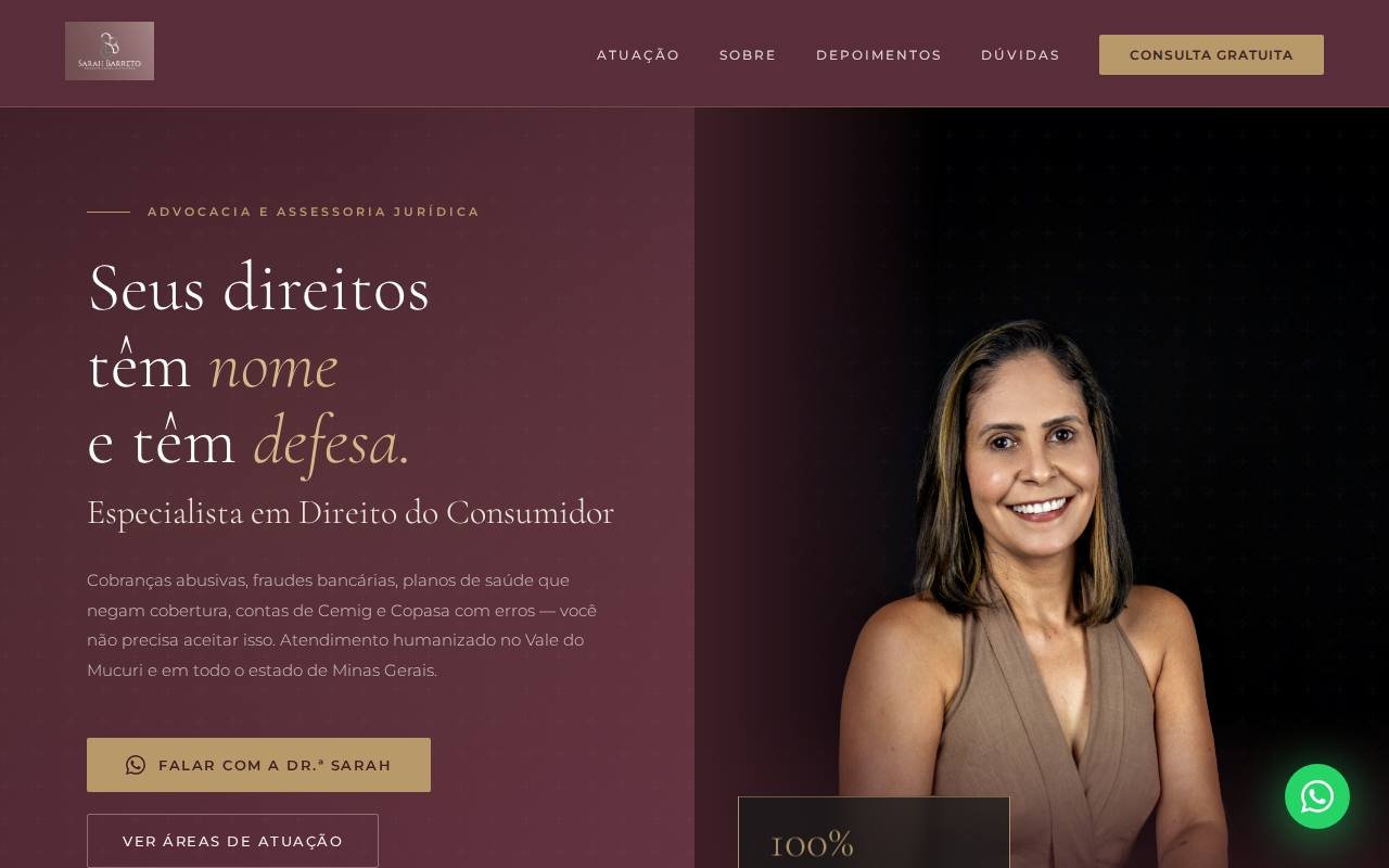 Captura de tela do site Sarah Barreto Advocacia